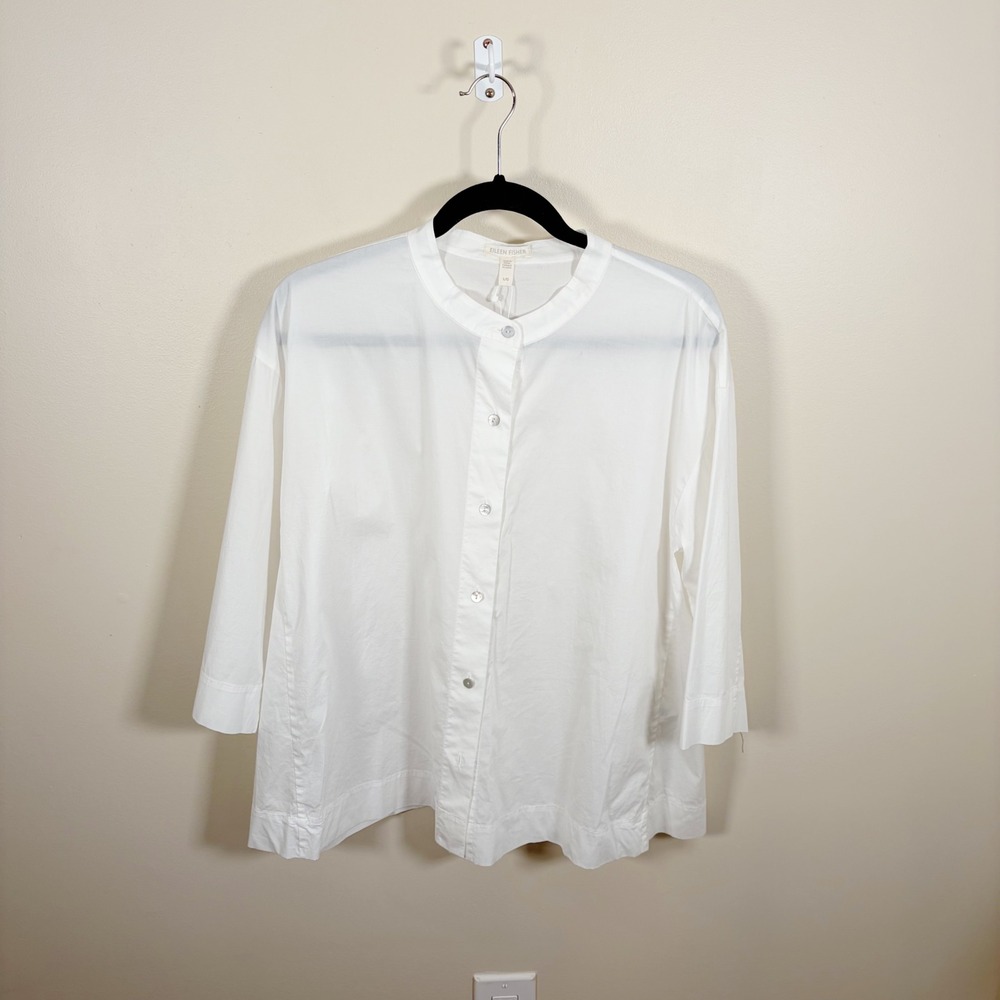Eileen Fisher Shirt Size L White Organic Cotton Stretch Lawn Mandarin Collar NEW